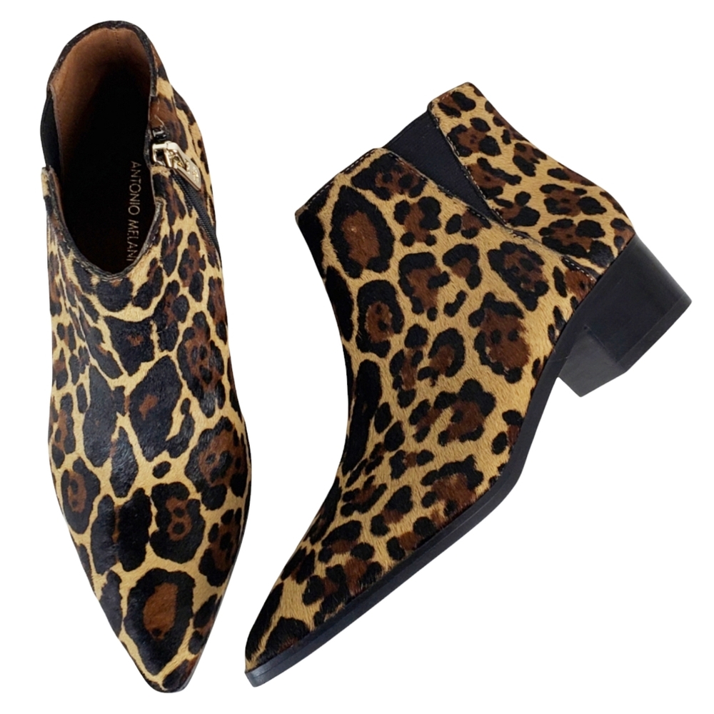 New Antonio Melani lavonnie leopard print haircalf block heel pointed booties
